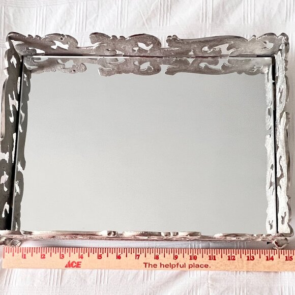 Footed Mirror Tray Silver Perfume Dresser Ornate Elegant 16" x 11" x 3.25" - Picture 7 of 15